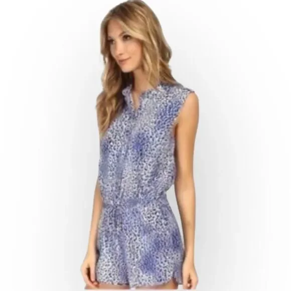 REBECCA TAYLOR Leo Fever Romper Women's 6 Silk Blue White Leopard Sleeveless - Picture 2 of 11